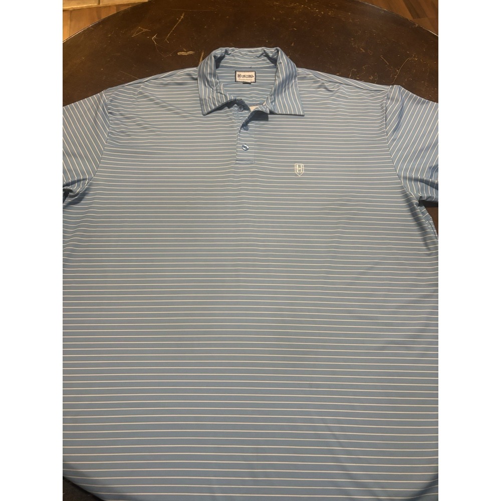 Heybo Outdoors Men's Polo Shirt Blue White Horizontal Stripe Large Dri Fit